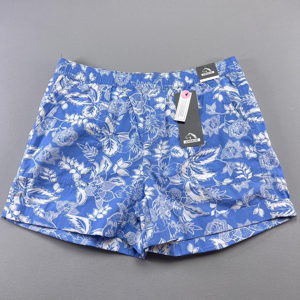 Jordache Swim Shorts Men's Large Blue Floral Print Surfing Elastic Waistband